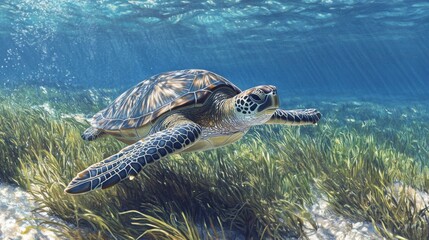 Obraz premium Graceful sea turtle in clear blue waters