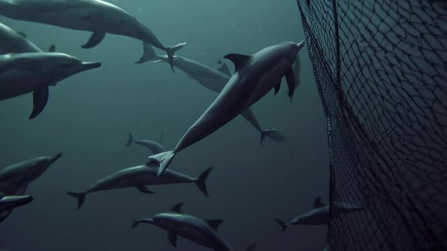 Dolphins swimming near an illegal fishing net, illustrating the dangers of poaching and its impact on marine life and ecosystems.