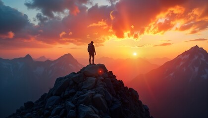 Adventurous climber stands atop high mountain peak at sunrise. Dramatic sunrise colors paint sky, mountains. Majestic scenery. Inspiring moment of achievement. Explorer reaches summit. Stunning