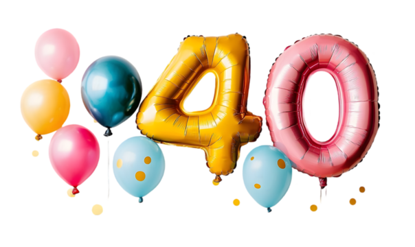 Festive 40th Birthday Celebration with Gold Balloons and Confett - Powered by Adobe