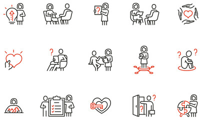 Vector Set of Linear Icons Related to Psychological Help, Counseling, Emotional Support, Therapy Session. Mono line pictograms and infographics design elements