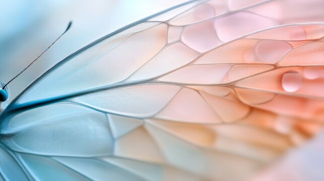 Close-up of a delicate butterfly wing in pastel shades of blue and pink, showcasing intricate, translucent patterns.