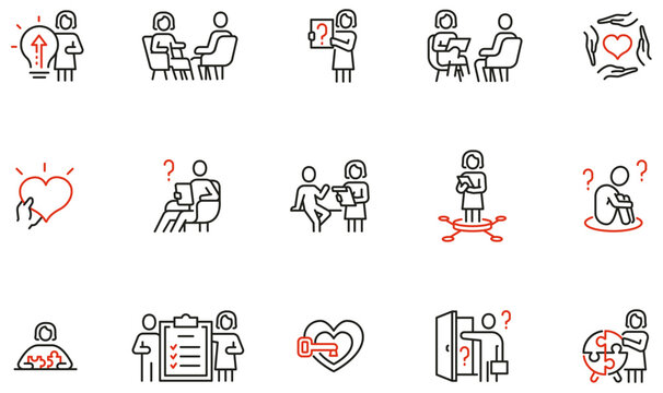 Vector Set of Linear Icons Related to Psychological Help, Counseling, Emotional Support, Therapy Session. Mono line pictograms and infographics design elements