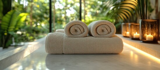 Spa towels neatly rolled on a marble surface, next to candles and lush greenery.
