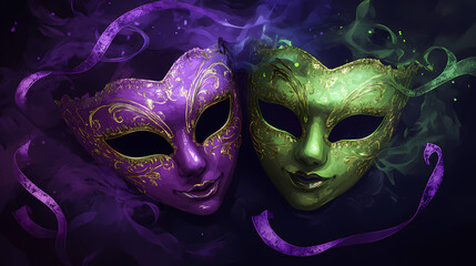 Purple and green masquerade masks on a dark background, for a mysterious and elegant carnival celebration. Dark Carnival. Illustration