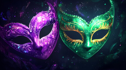 Purple and green masquerade masks on a dark background, for a mysterious and elegant carnival celebration. Dark Carnival. Illustration