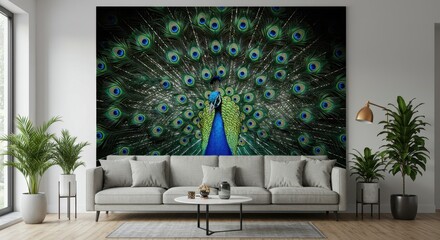 3D illustration of a majestic peacock with colorful, intricately designed feathers in shades of blue, green, and gold