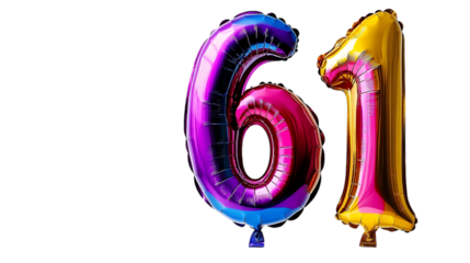 Festive Multicolored Number Sixty-One Balloons on Black Backgrou