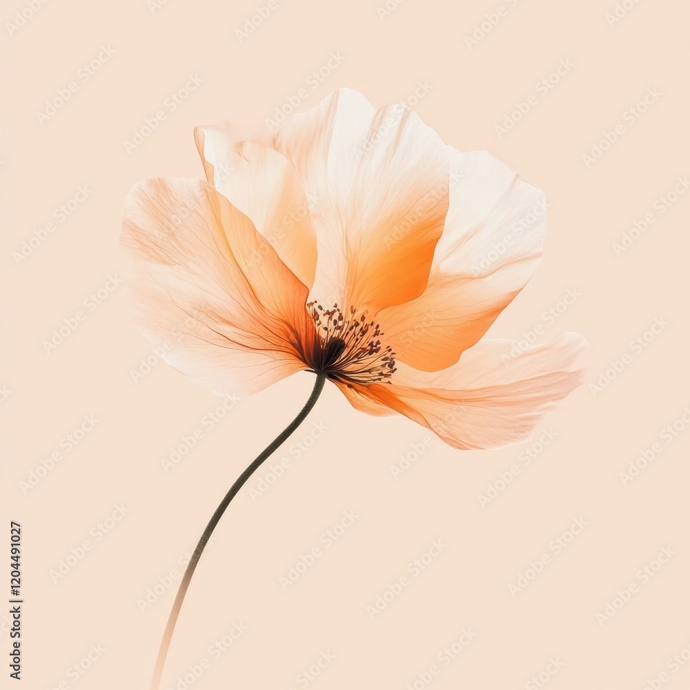 Poster soft orange flower with delicate petals against a minimalistic light background. generative ai