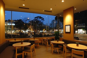 Modern Cafe with City View at Night