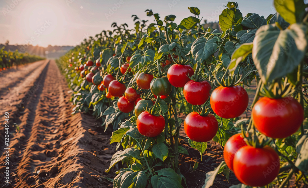 Poster row of tomato plants with many red tomatoes on them. the plants are in a field and the sun is shinin