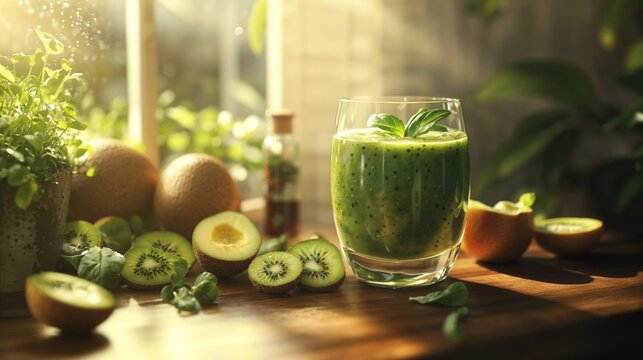 Glass of green smoothie with mint leaves, kiwi, greenery on wooden surface.Freshness.Vitality.Healthy living.Natural ingredients in every sip.wellness promotions, healthy eating blogs,nutrition guides