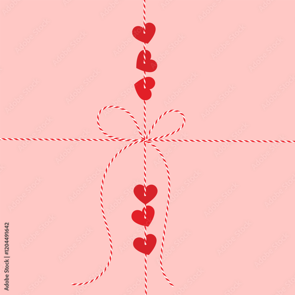 Wall mural Flat square hand drawn background, gift tied up with cotton red rope bakers twine with paper heart, bow in the center, ribbon. Packing string for present, pastry box for Valentine's day. Vector EPS10