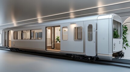 Inside a modern railcar designed for comfort and functionality, showcasing spacious amenities and contemporary decor suitable for urban transit systems
