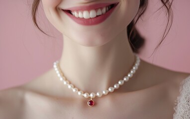 A radiant close-up of a woman wearing a pearl and ruby necklace, her smile captivating against a light pink backdrop for valentines day