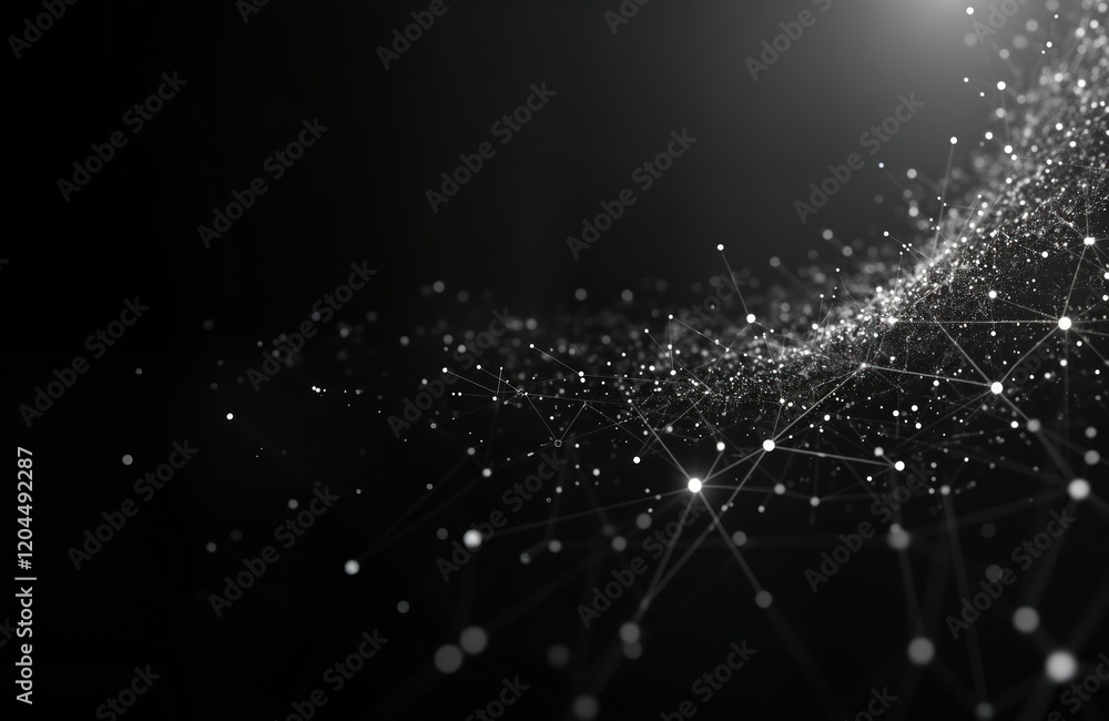 Fototapete Abstract futuristic network pattern. White dots connected by thin lines on black background. Complex interconnected structure suggests digital network molecular structure. Modern graphic design