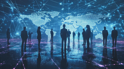 Obraz premium abstract professional business team people innovation connection of line from nail node to node on map background , networking concept