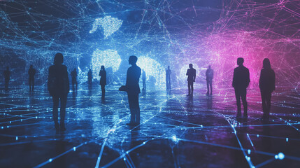 Fototapeta premium abstract professional business team people innovation connection of line from nail node to node on map background , networking concept