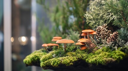 Vibrant mushrooms in a miniature woodland scene, with lush moss and natural textures, create a magical ecosystem.
