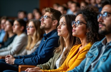 Obraz premium Young adults attentively listen to lecture in auditorium. Diverse students focused on lesson. Students sitting in rows. Lecture hall full of people. Speaker addressing group. Engaged in learning.