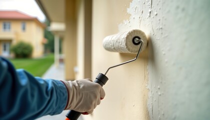 Person in work clothes paints exterior wall with roller. Hand holds paint roller applying fresh white paint. Building facade renovation in progress. Daytime outdoors. Focus on paint application