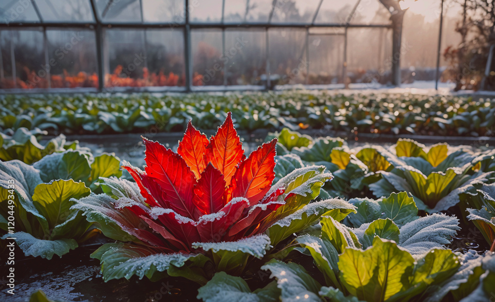 Aufkleber red leaf is surrounded by green leaves in a field. the red leaf is the center of attention and stand