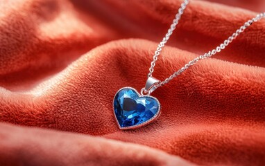 A sapphire heart pendant necklace elegantly arranged on a soft coral velvet background with subtle hearts for valentines day
