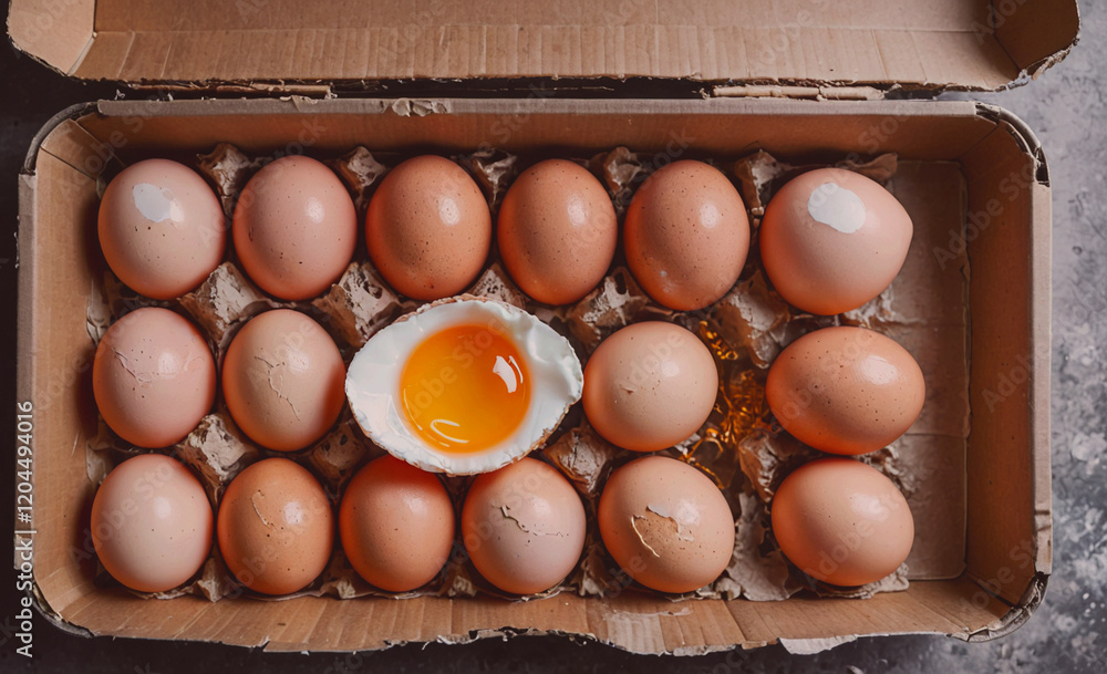 Poster Dozen eggs are in a cardboard box with one egg missing. The box is open and the eggs are arranged in rows