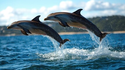 Fototapeta premium Dolphins leaping, ocean, coastal background, wildlife photography, nature