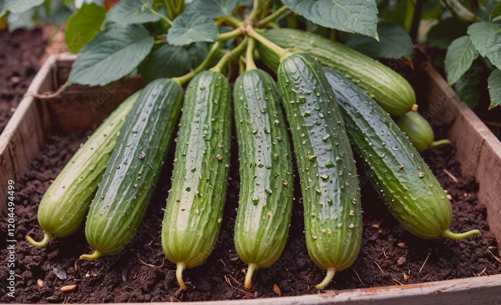 Poster Bunch of cucumbers are sitting in a wooden box. The cucumbers are green and have a bumpy texture