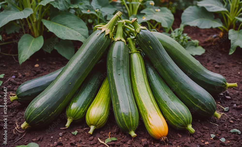 Poster Bunch of green zucchini are piled on top of each other. The zucchini are all different sizes and are arranged in a way that they are all touching each other