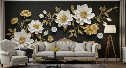 A grand 3D wall mural featuring large white and gold floral designs, extending from floor to ceiling
