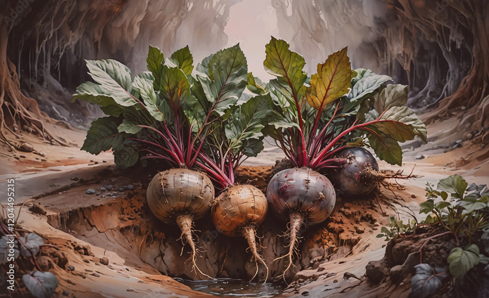 Poster three beets are shown in a painting, with one of them being purple. the painting has a moody and mys