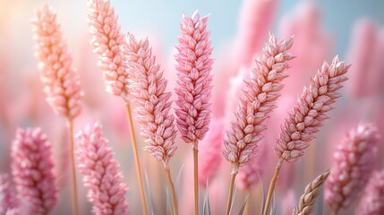 Soft pink wheat stalks sway gently in a serene field, illuminated by warm sunlight in the background