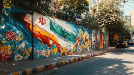 The Iranian flag harmoniously integrated into a vibrant street art mural, showcasing creativity,