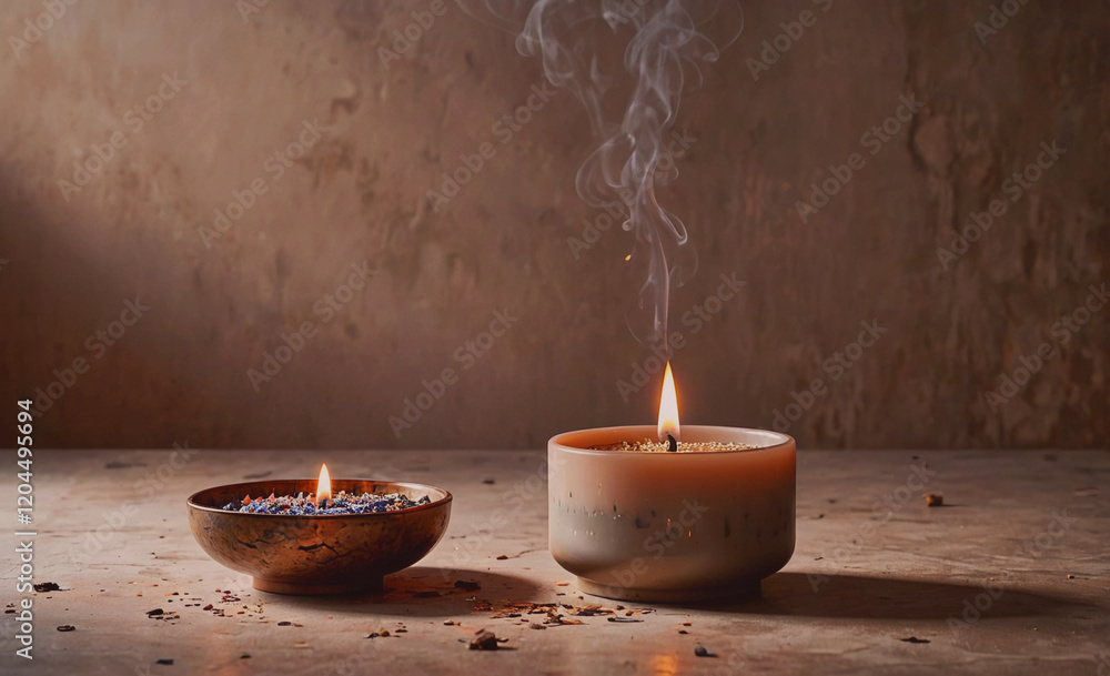 Poster two candles are lit on a table, one of which is in a bowl. the other candle is in a smaller bowl. th