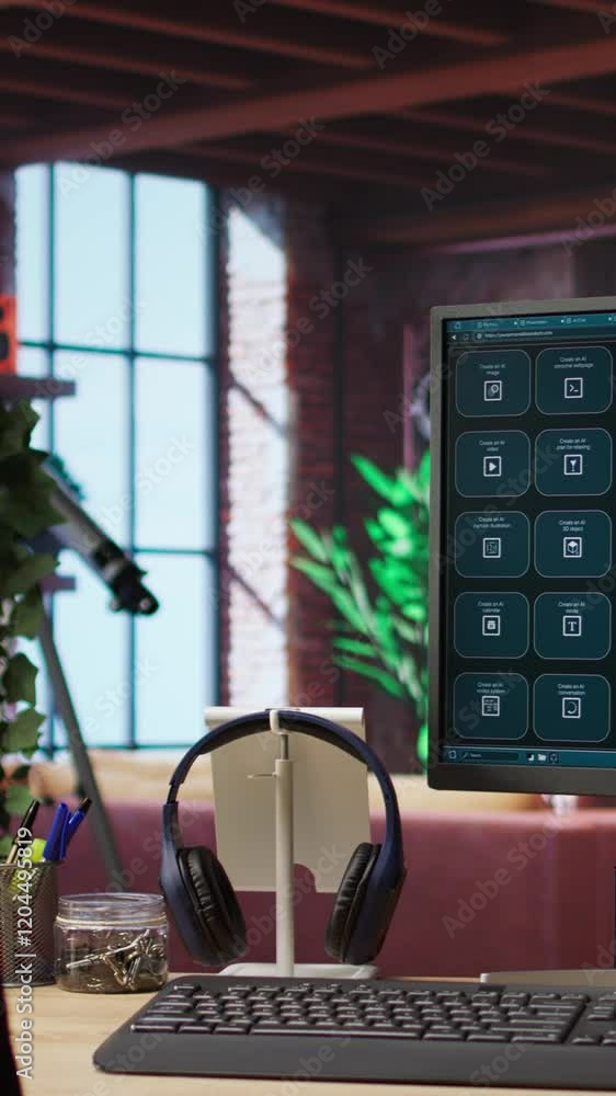 Fototapete Vertical video Computer setup in bright apartment showing large language model program. PC monitor in cozy home office with AI LLM chatbot answering user prompts using neural network tech