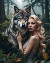 Grey Wolf and Blond Model in the Forest Portrait