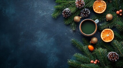 Stunning Christmas backdrop featuring a close-up of a green fir tree branch, offering ample space for seasonal quotes with a trendy, dark-toned aesthetic.