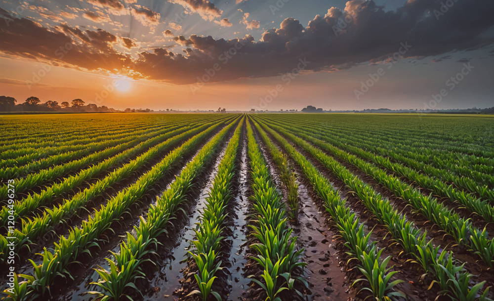 Aufkleber field of corn is shown with a cloudy sky in the background. the sun is setting, casting a warm glow 