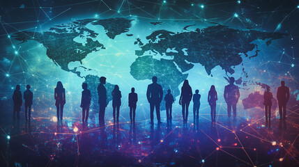 Obraz premium abstract professional business team people innovation connection of line from nail node to node on map background , networking concept