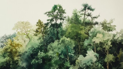 Watercolor pine trees with serene depth effects