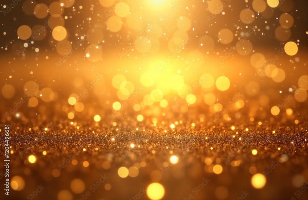 Poster Golden glitter background with bright sparkles. Abstract design with shimmering effect. Party atmosphere with festive light. No people visible. Luxurious, glamorous. Perfect for celebration event