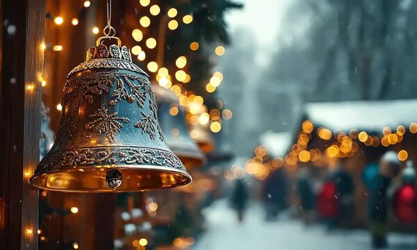  Intricately designed silver bell hanging at Christmas market surrounded by warm glowing lights and snowy winter evening ambiance. Festive scene captures charm of holiday season.