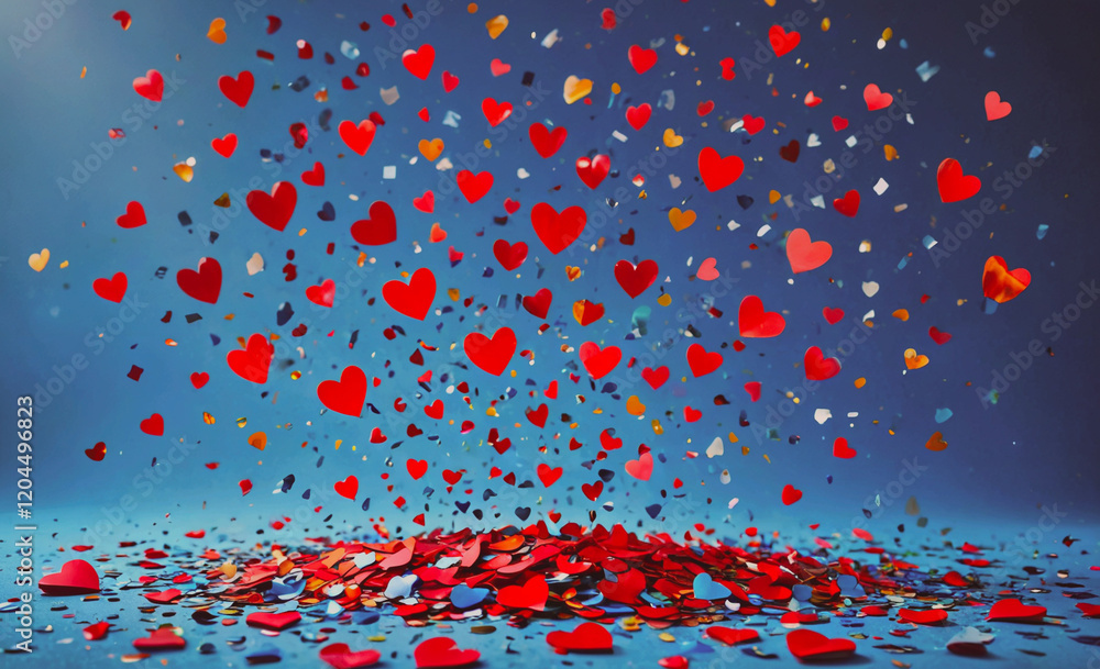 Poster Blue background with a lot of red hearts scattered all over it. The hearts are of different sizes and colors, creating a sense of chaos and excitement. The image conveys a feeling of love and