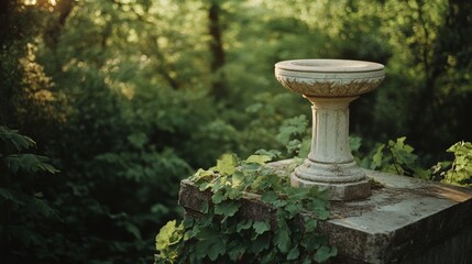 Weathered stone pedestal stands amid a lush forest, evoking an air of mystery and forgotten tales.