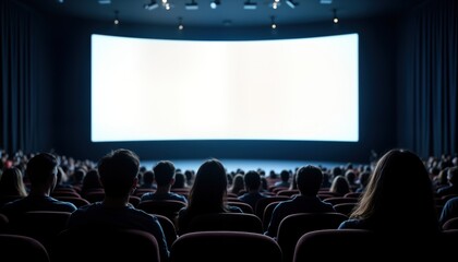 Large movie theater. Audience sits in dark seats. Big empty screen. People wait for movie start. Cinema experience. Entertainment. Movie premiere. Special occasion.
