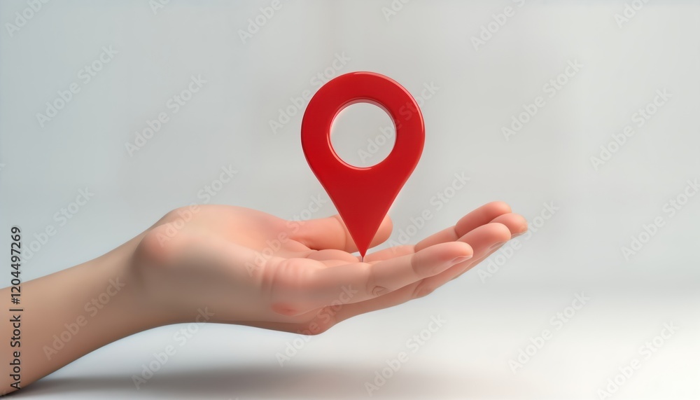 Poster hand holds red pin. hand holds red marker pointer location destination on white background. navigati
