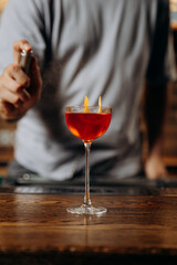Bartender spritzing garnish over a red cocktail, highlighting mixology finesse and aromatic detail