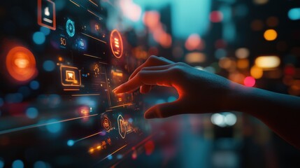 Hand interacting with futuristic holographic interface displaying data and icons at night.